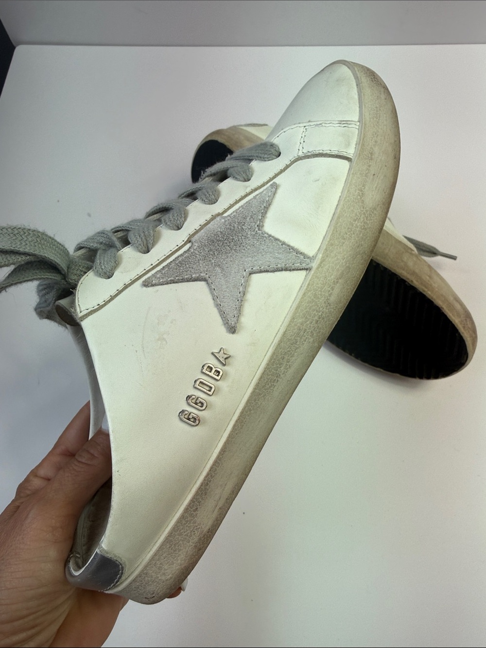 Golden Goose Superstar White Sneakers Gray Laces Distressed Size 7.5